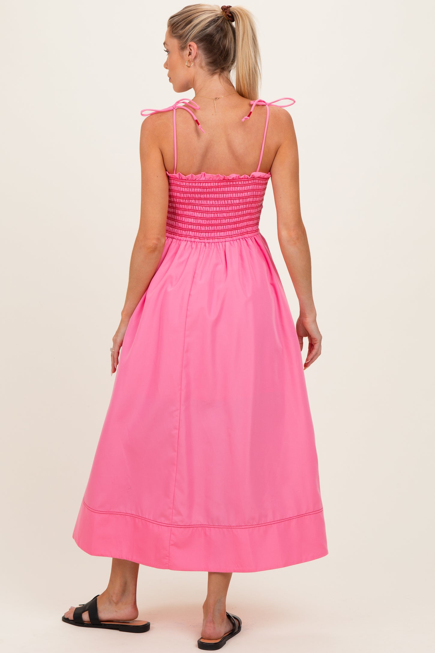 Pink Smocked Shoulder Tie Maternity Midi Dress