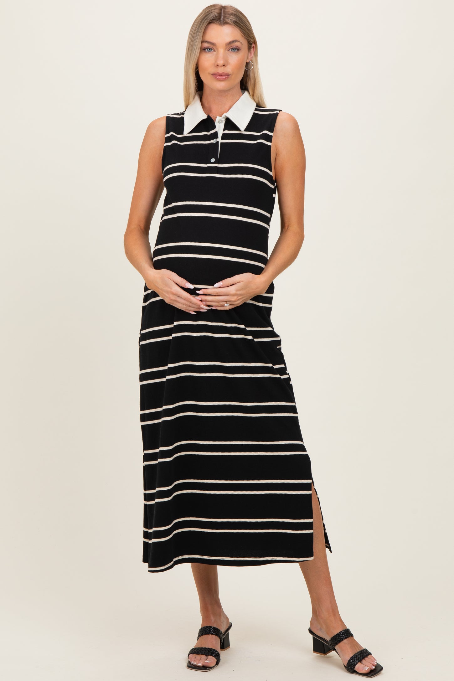 Black Striped Sleeveless Collared Maternity Midi Dress