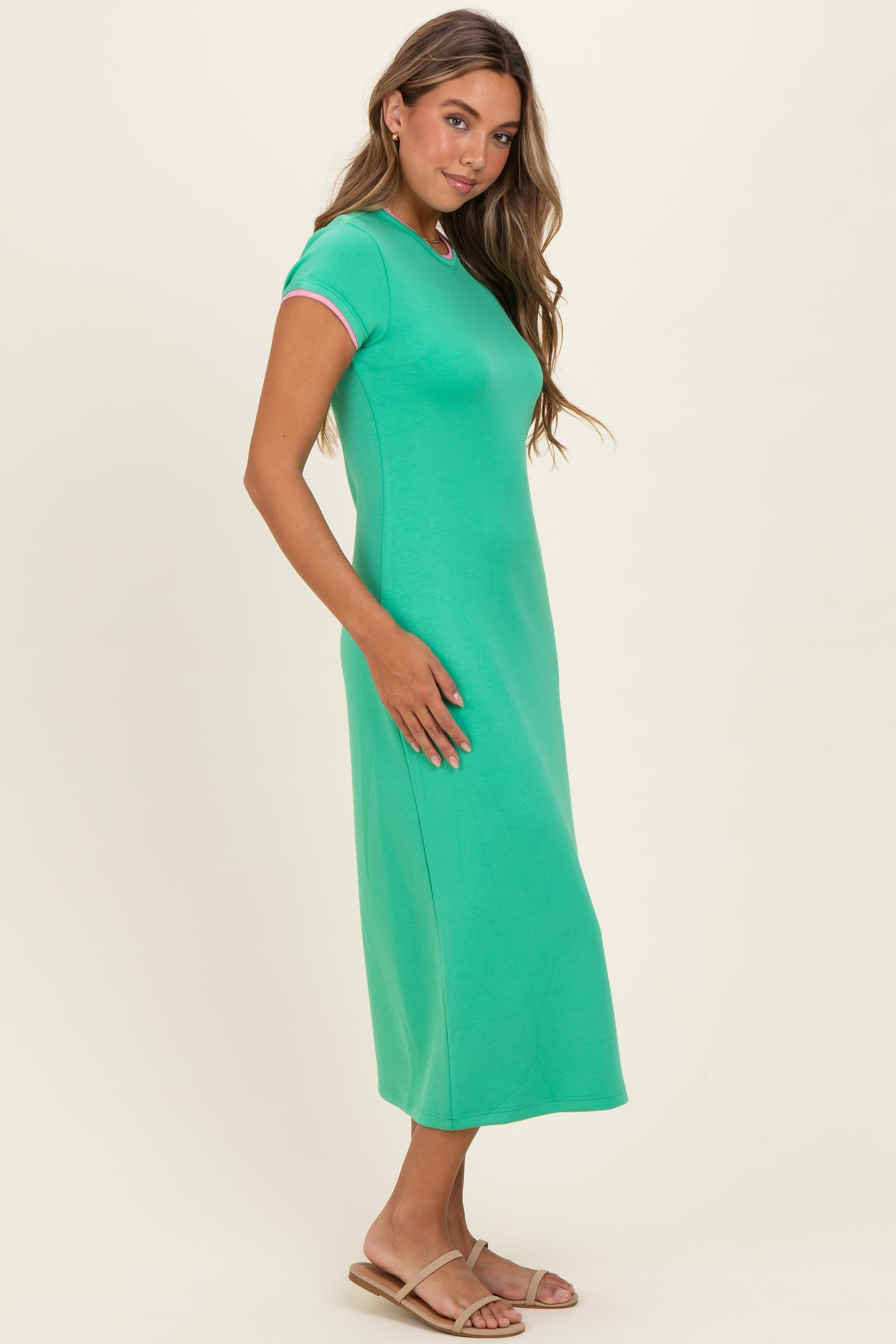 Green Contrast Trim Short Sleeve Midi Dress