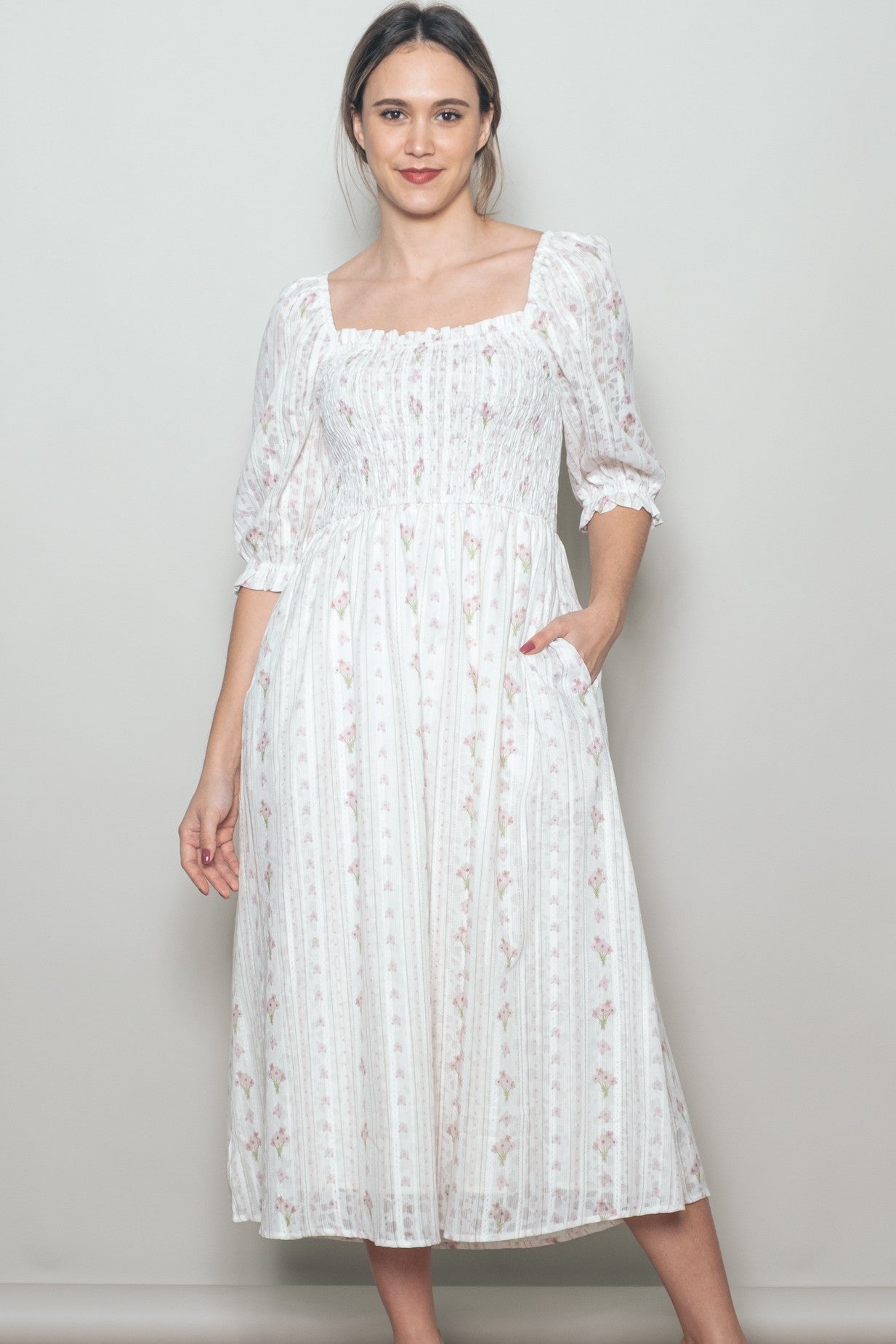Cream Floral Smocked Maternity Midi Dress