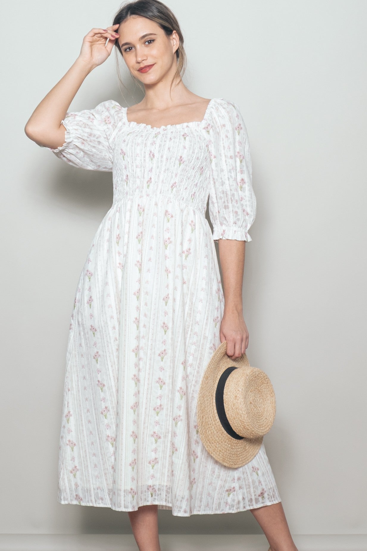 Cream Floral Smocked Midi Dress