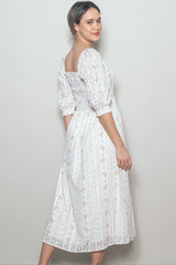 Cream Floral Smocked Midi Dress