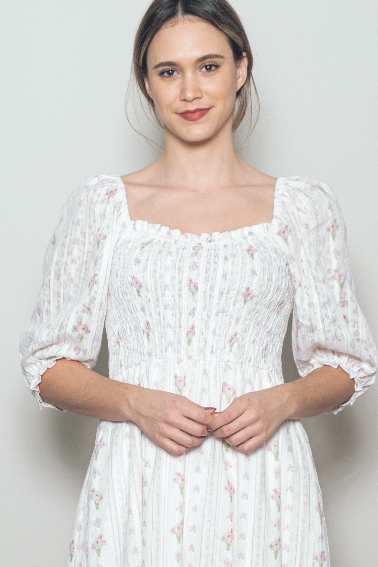 Cream Floral Smocked Midi Dress