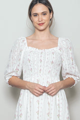 Cream Floral Smocked Midi Dress