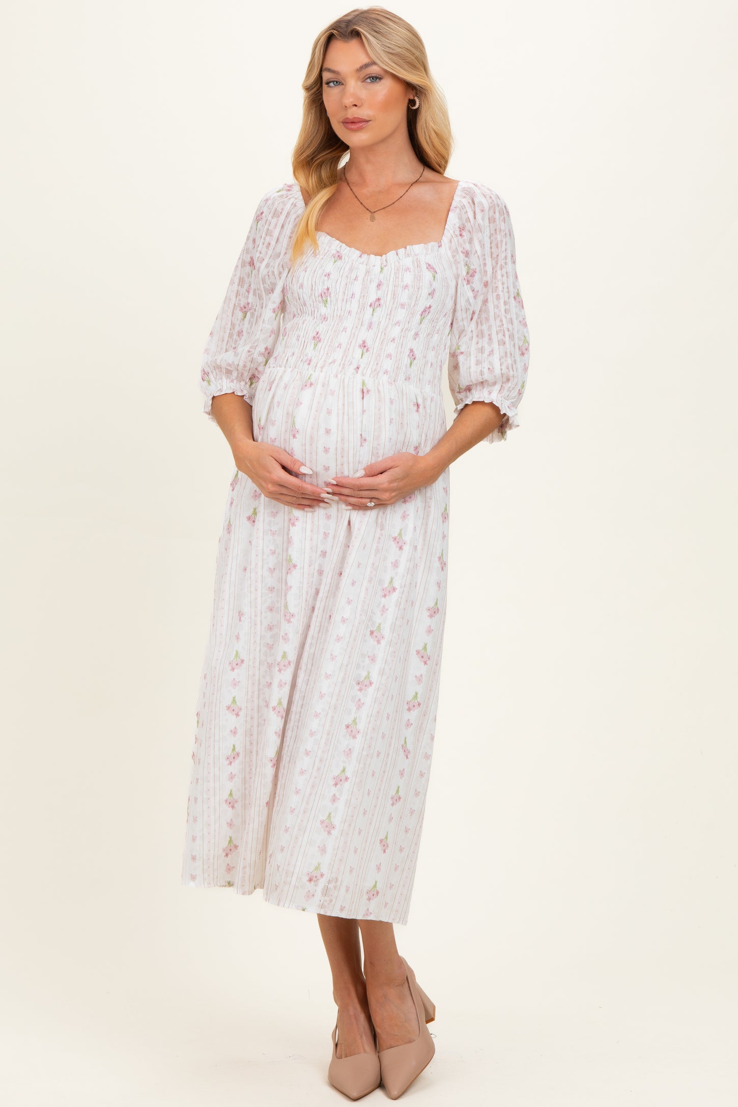 Cream Floral Smocked Maternity Midi Dress