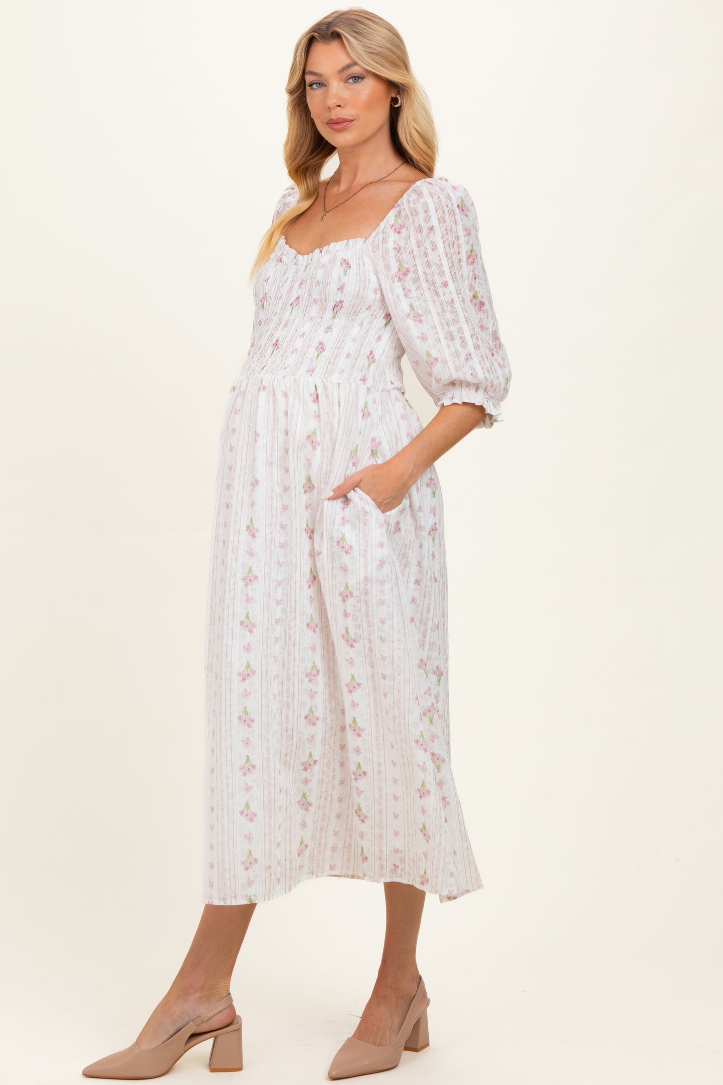 Cream Floral Smocked Maternity Midi Dress