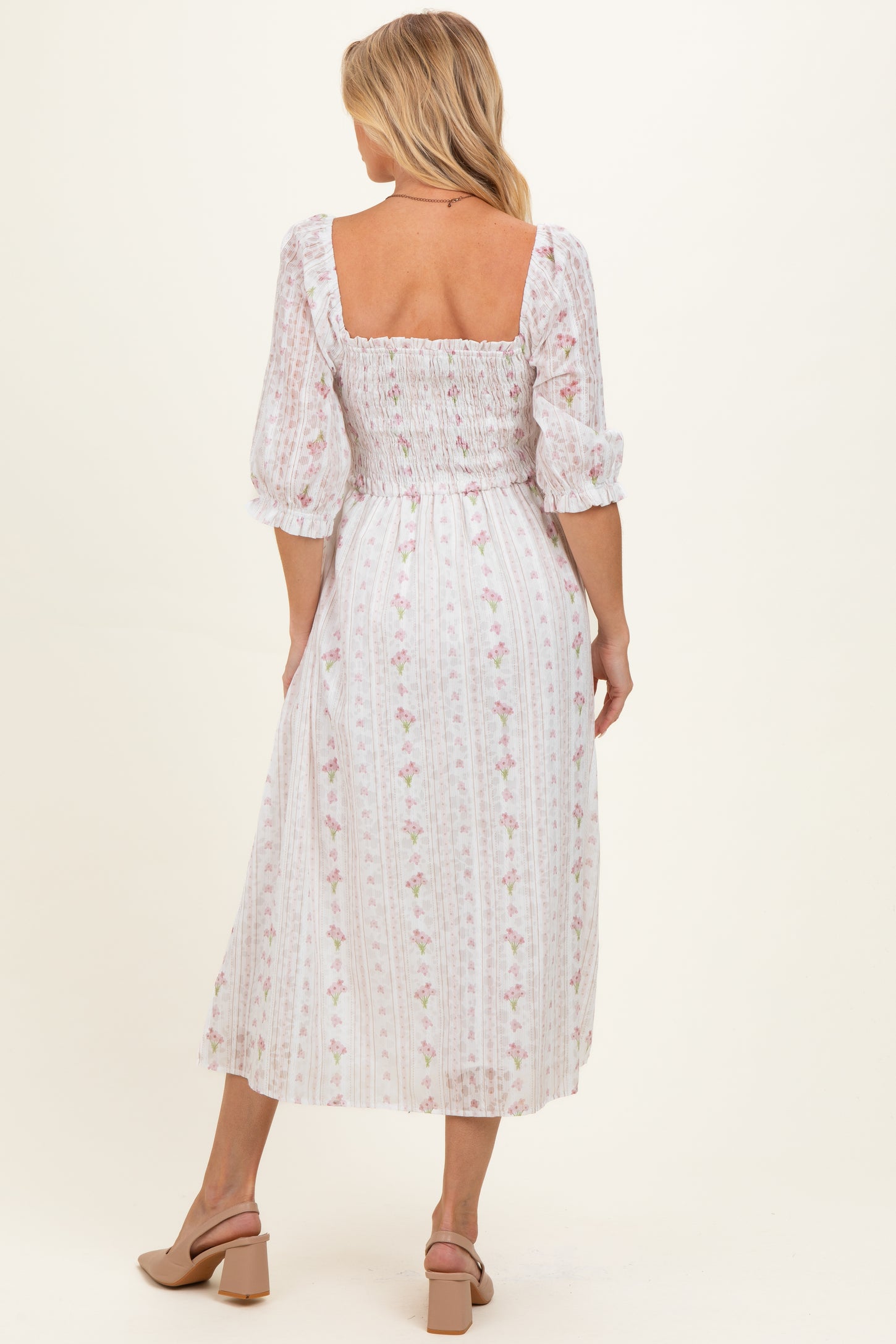 Cream Floral Smocked Maternity Midi Dress
