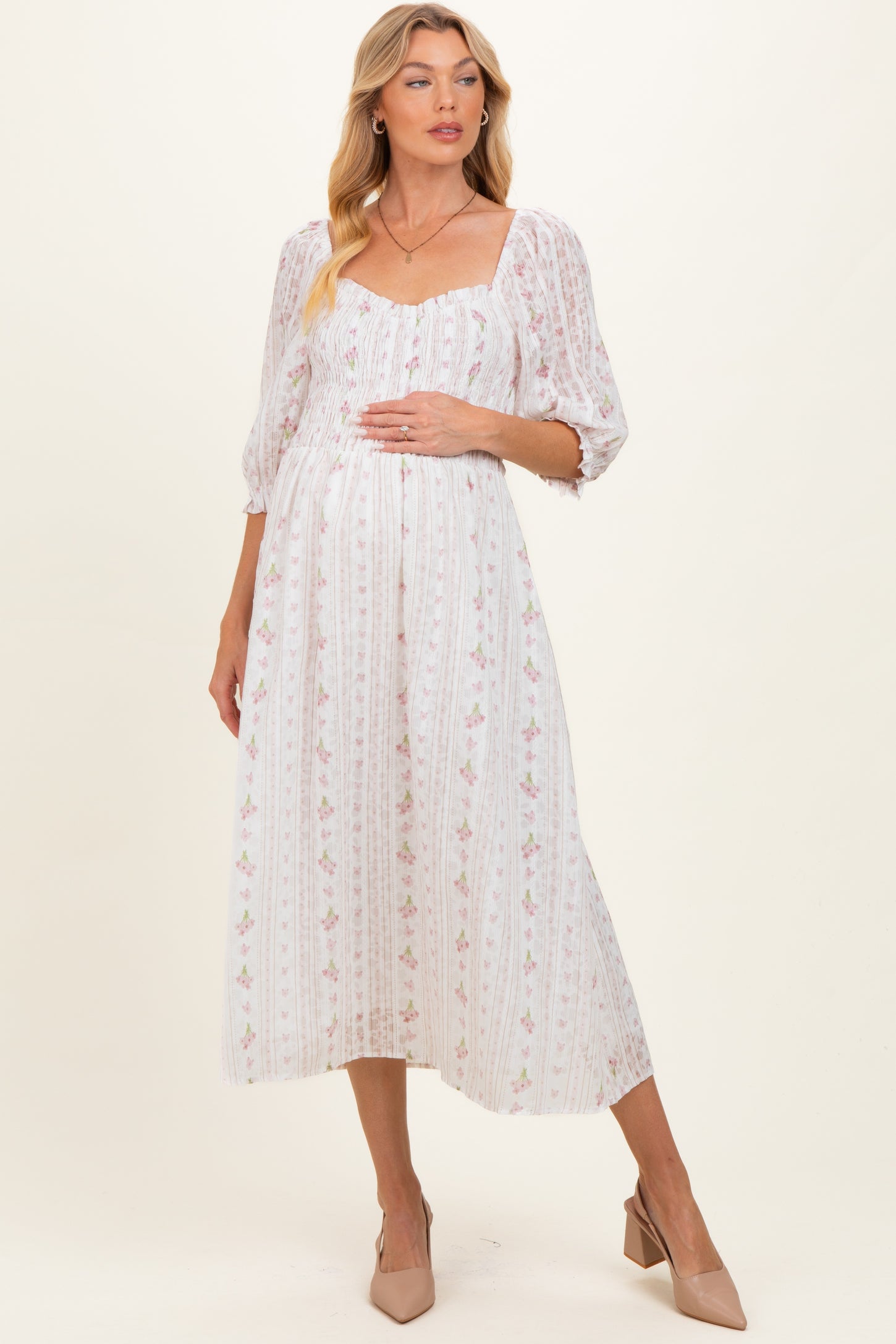 Cream Floral Smocked Maternity Midi Dress