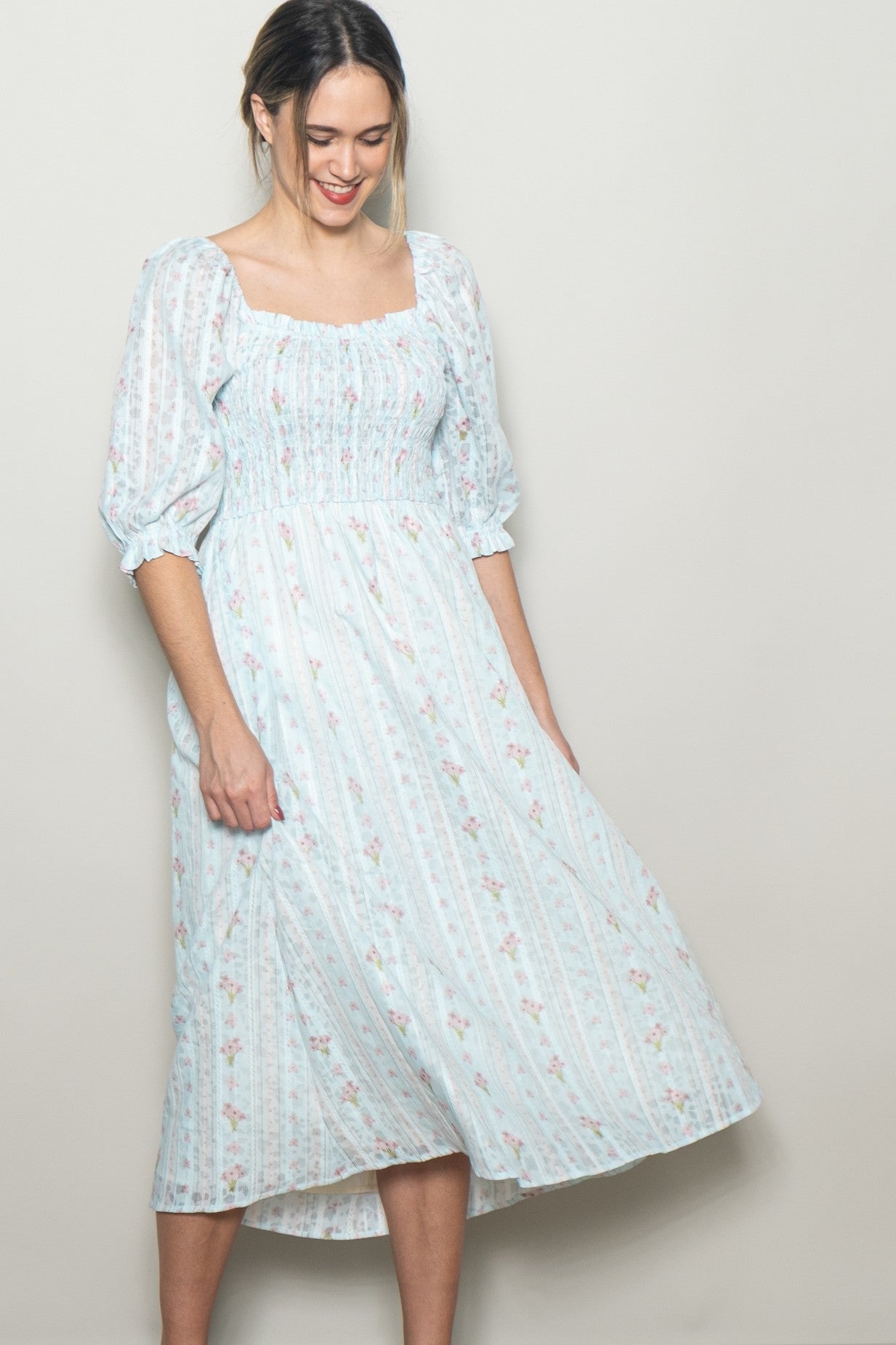 Light Blue Floral Smocked Maternity Midi Dress