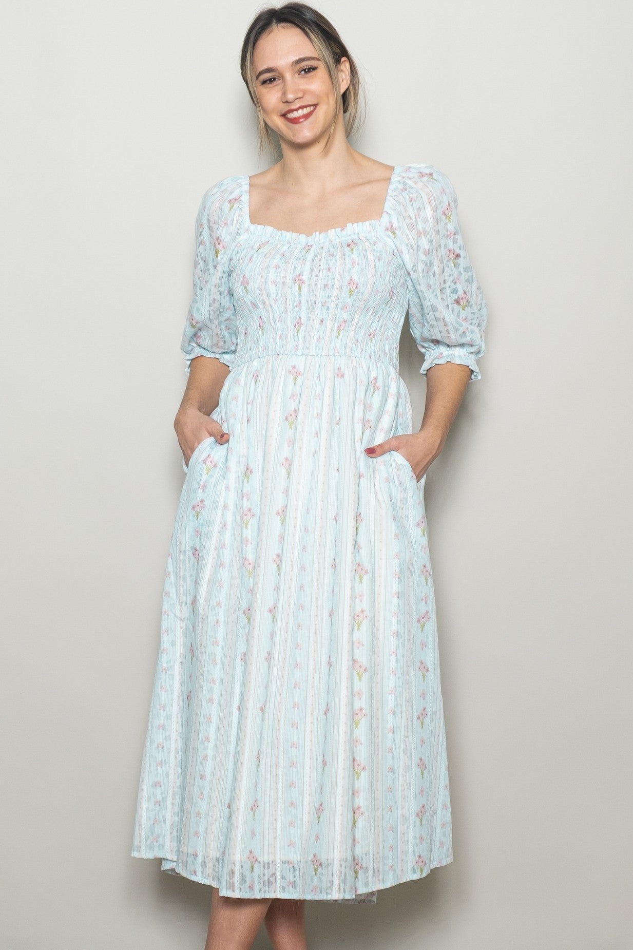 Light Blue Floral Smocked Midi Dress