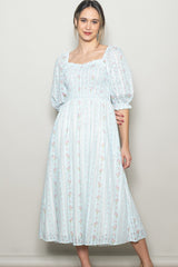 Light Blue Floral Smocked Midi Dress