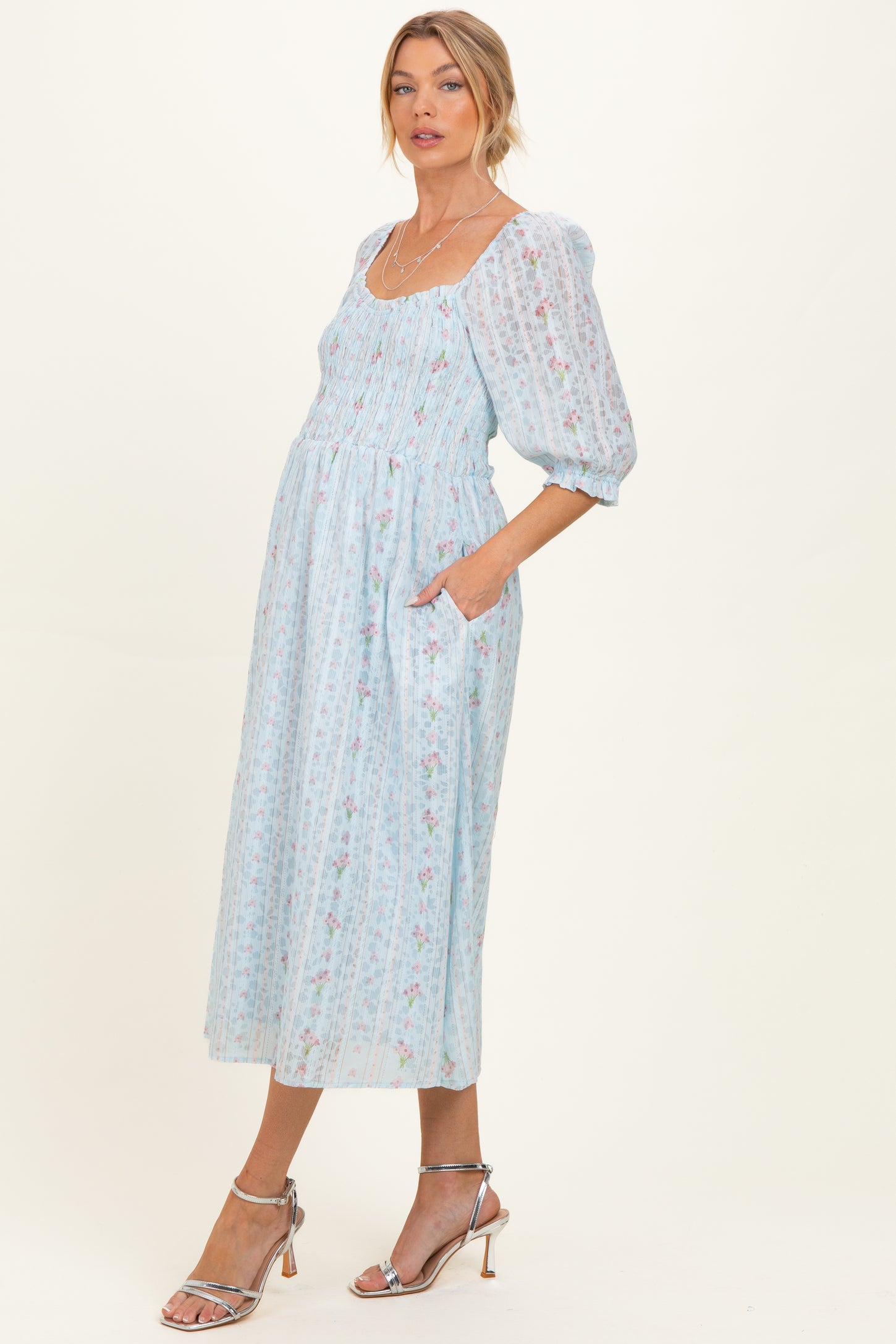 Light Blue Floral Smocked Maternity Midi Dress