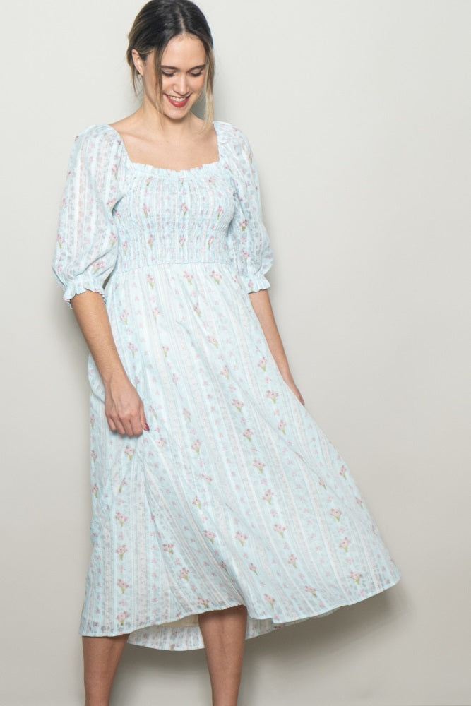 Light Blue Floral Smocked Midi Dress