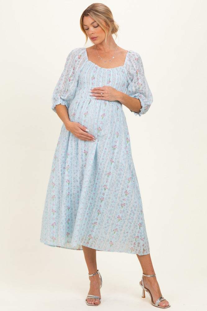 Light Blue Floral Smocked Maternity Midi Dress