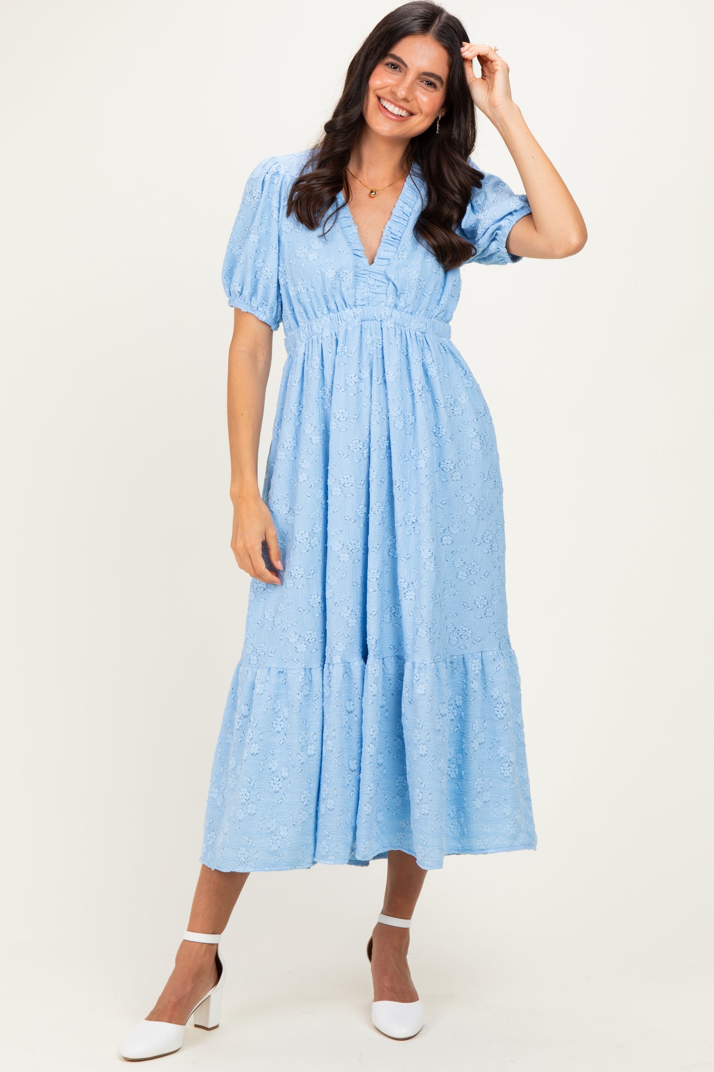 Light Blue Lace V-Neck Puff Sleeve Maxi Dress
