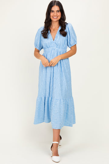 Light Blue Lace V-Neck Puff Sleeve Maxi Dress