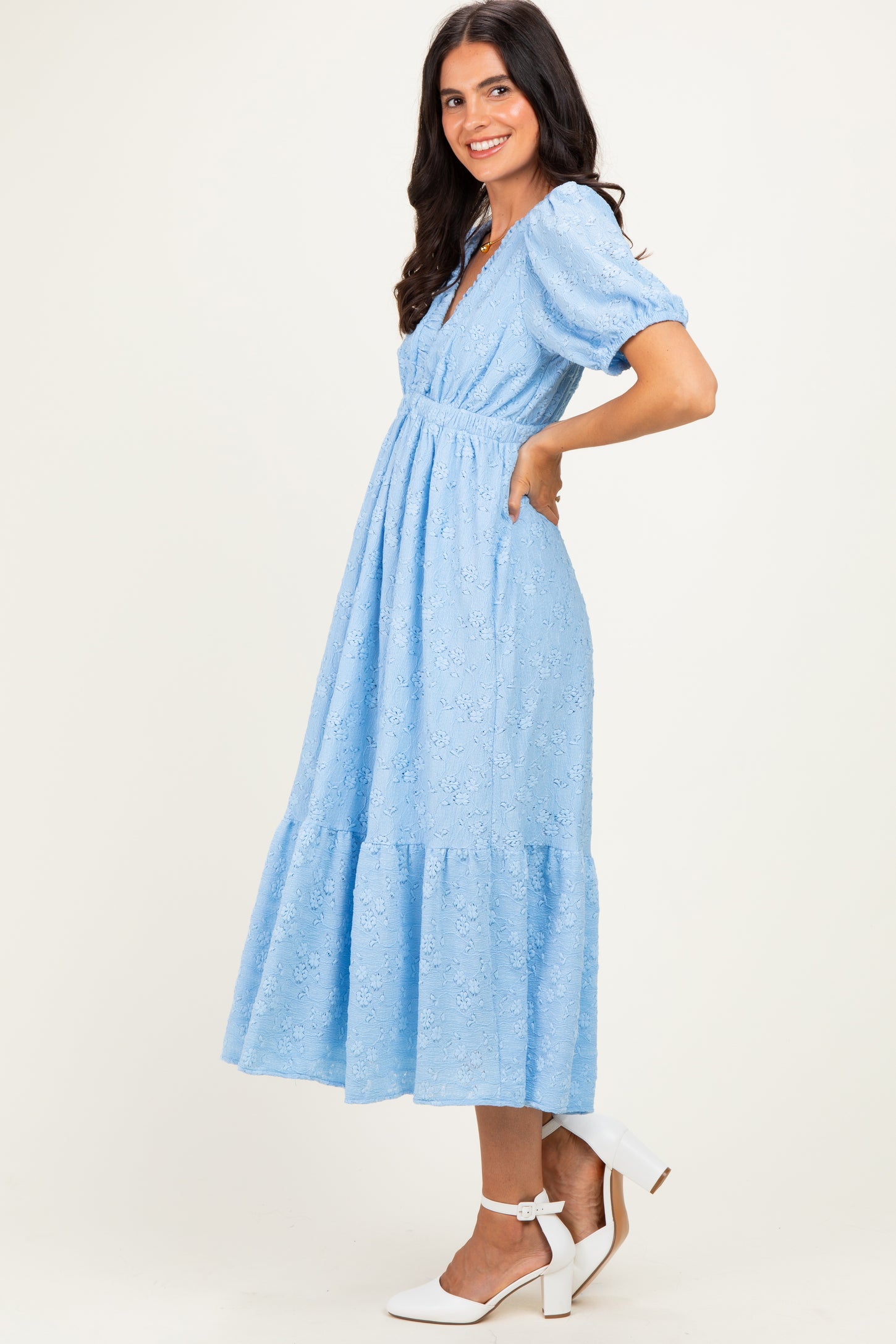 Light Blue Lace V-Neck Puff Sleeve Maxi Dress