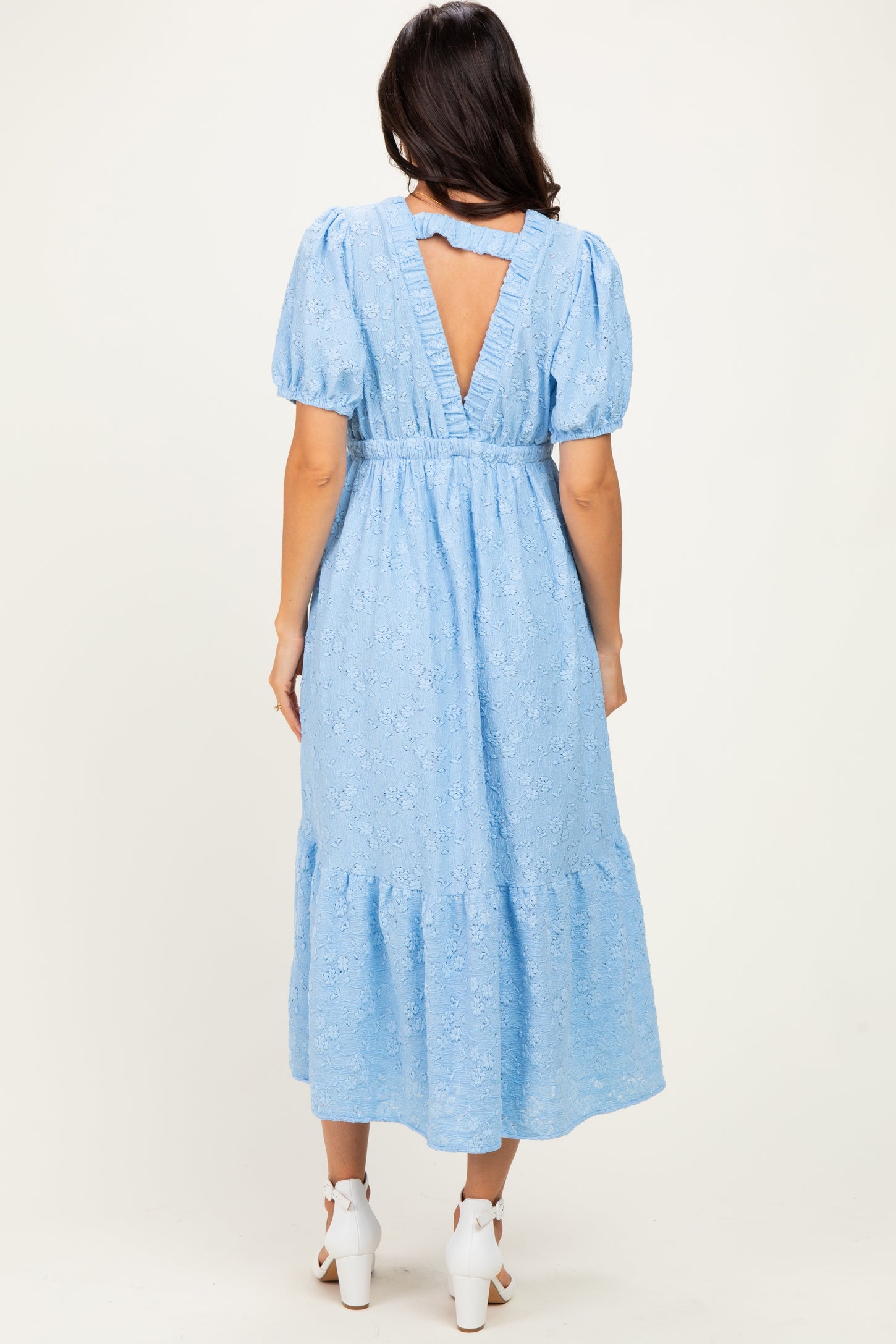 Light Blue Lace V-Neck Puff Sleeve Maxi Dress