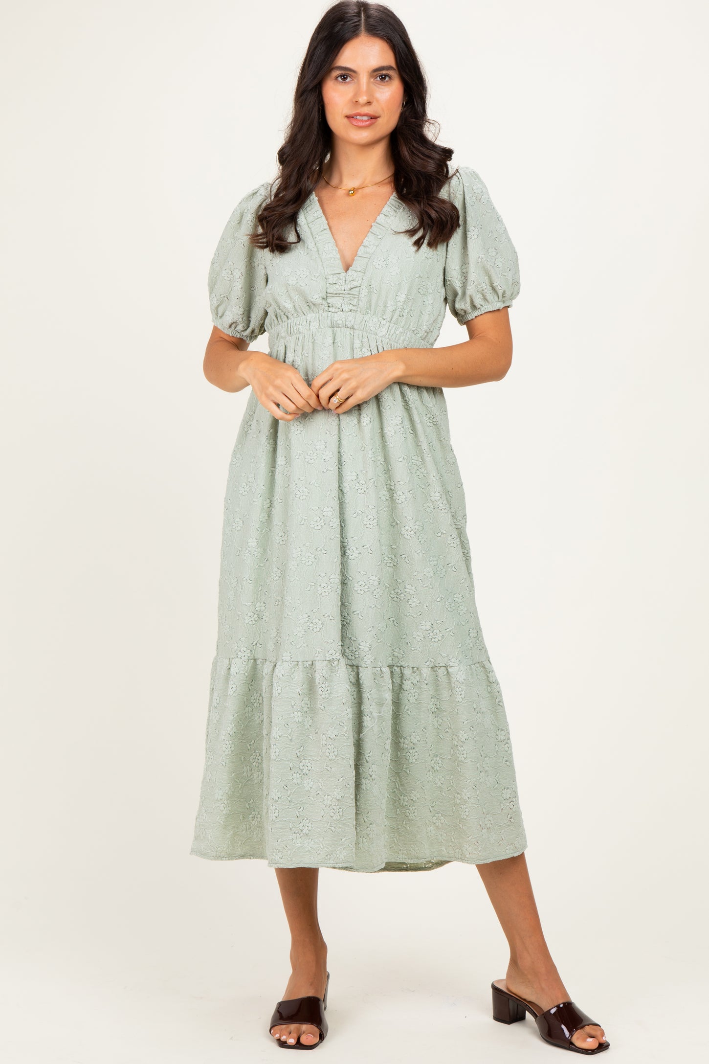 Sage Lace V-Neck Puff Sleeve Maxi Dress