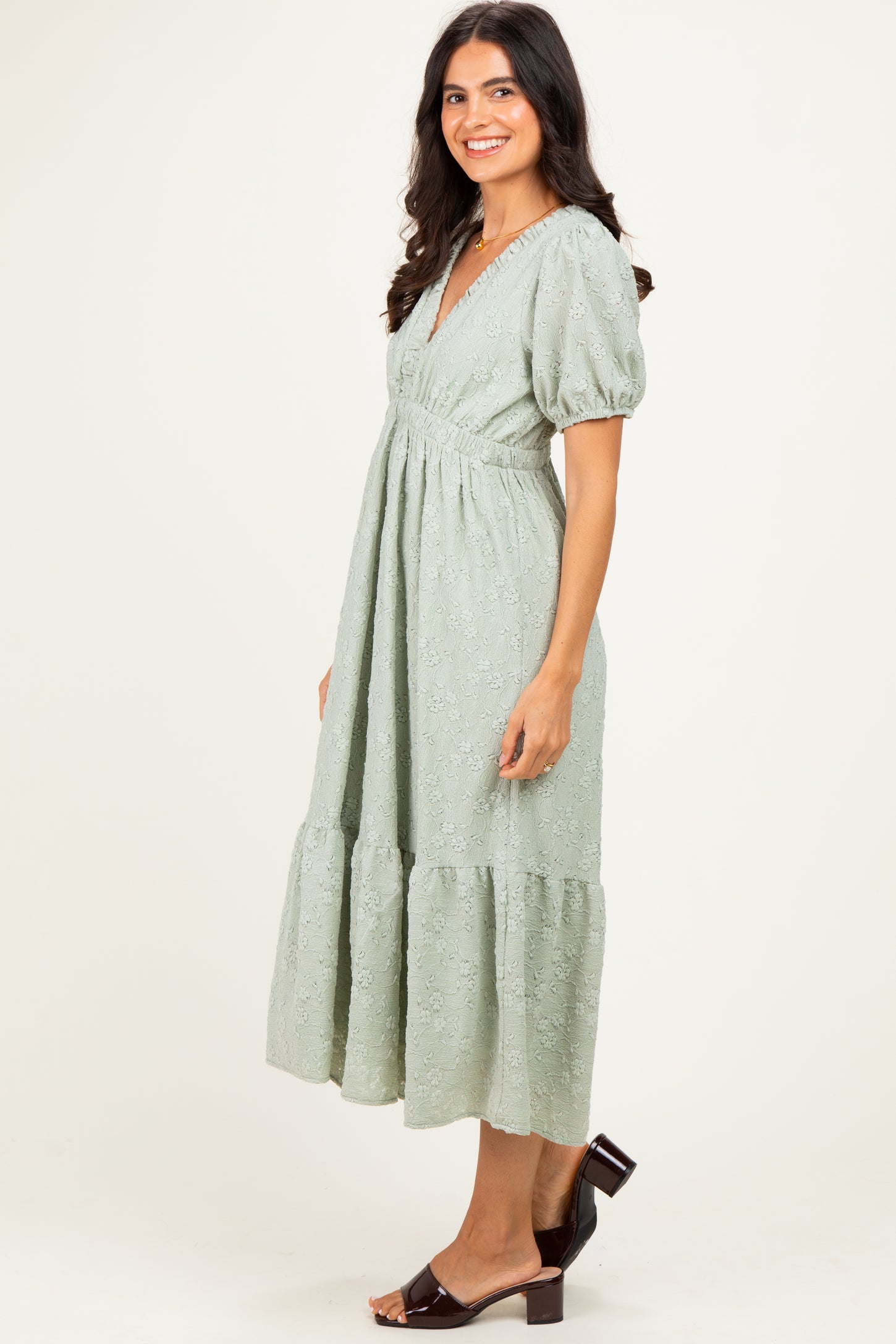Sage Lace V-Neck Puff Sleeve Maxi Dress