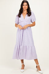 Lavender Lace V-Neck Puff Sleeve Maxi Dress