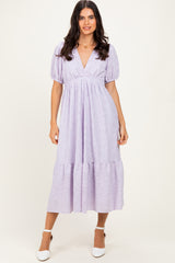 Lavender Lace V-Neck Puff Sleeve Maxi Dress