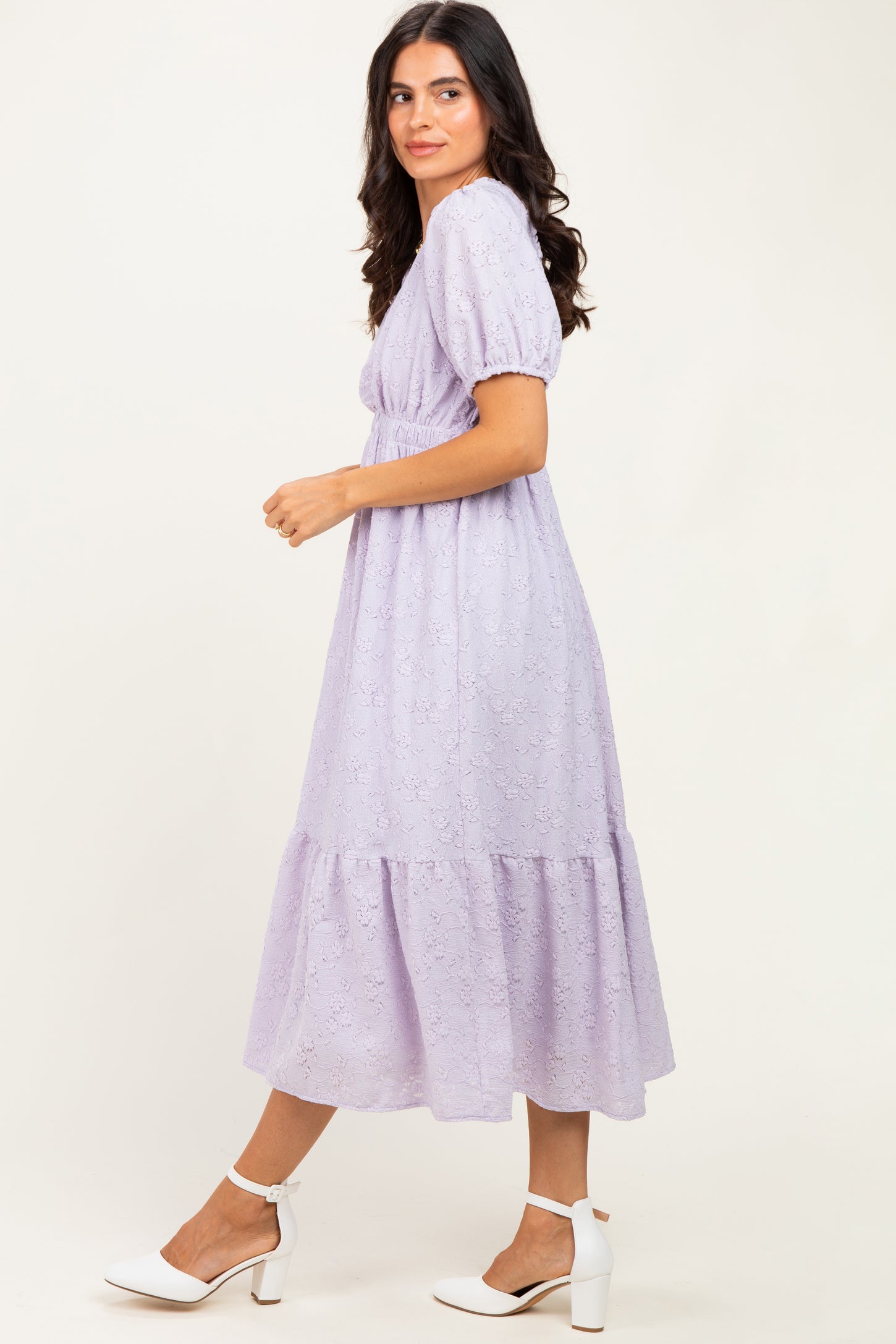 Lavender Lace V-Neck Puff Sleeve Maxi Dress