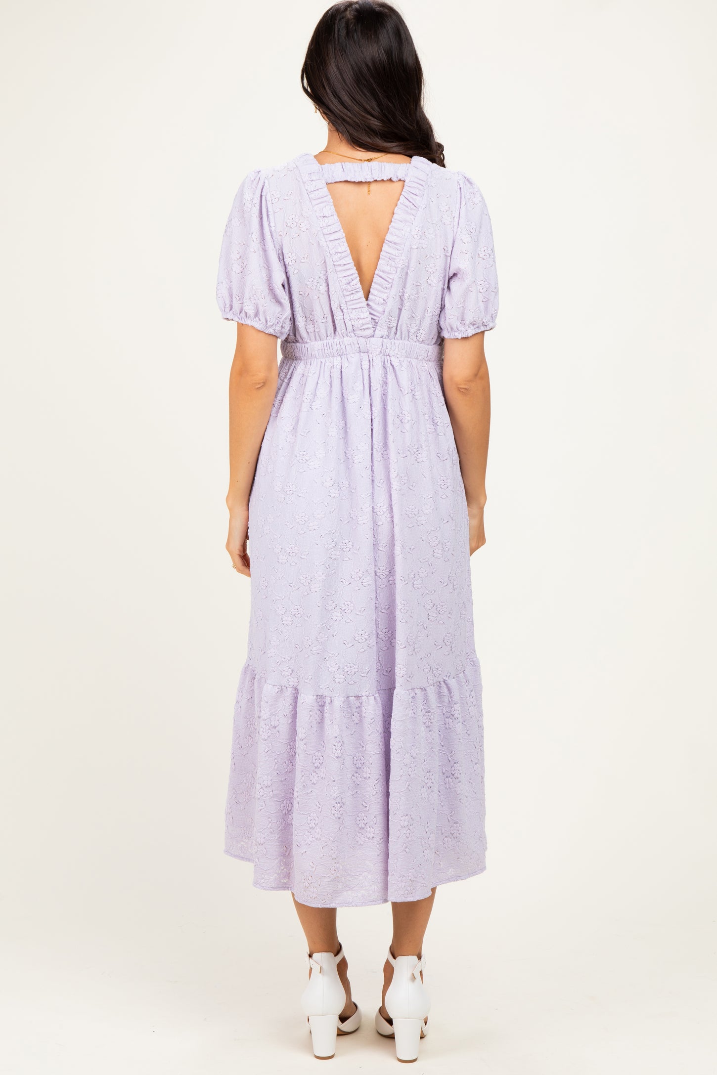 Lavender Lace V-Neck Puff Sleeve Maxi Dress
