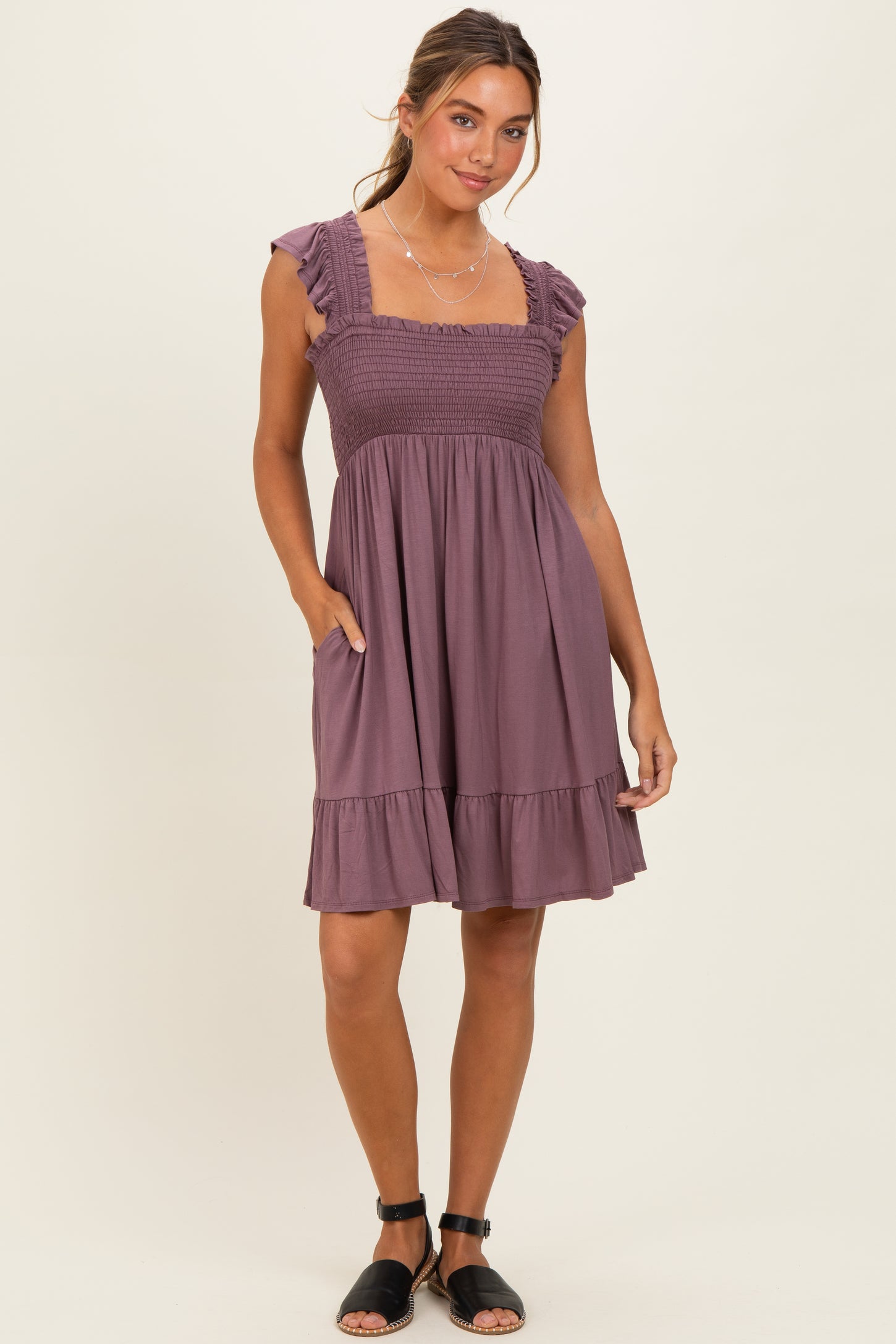 Plum Smocked Tiered Maternity Mini Dress