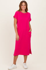 Fuchsia Pocket Front Maternity Midi T-Shirt Dress