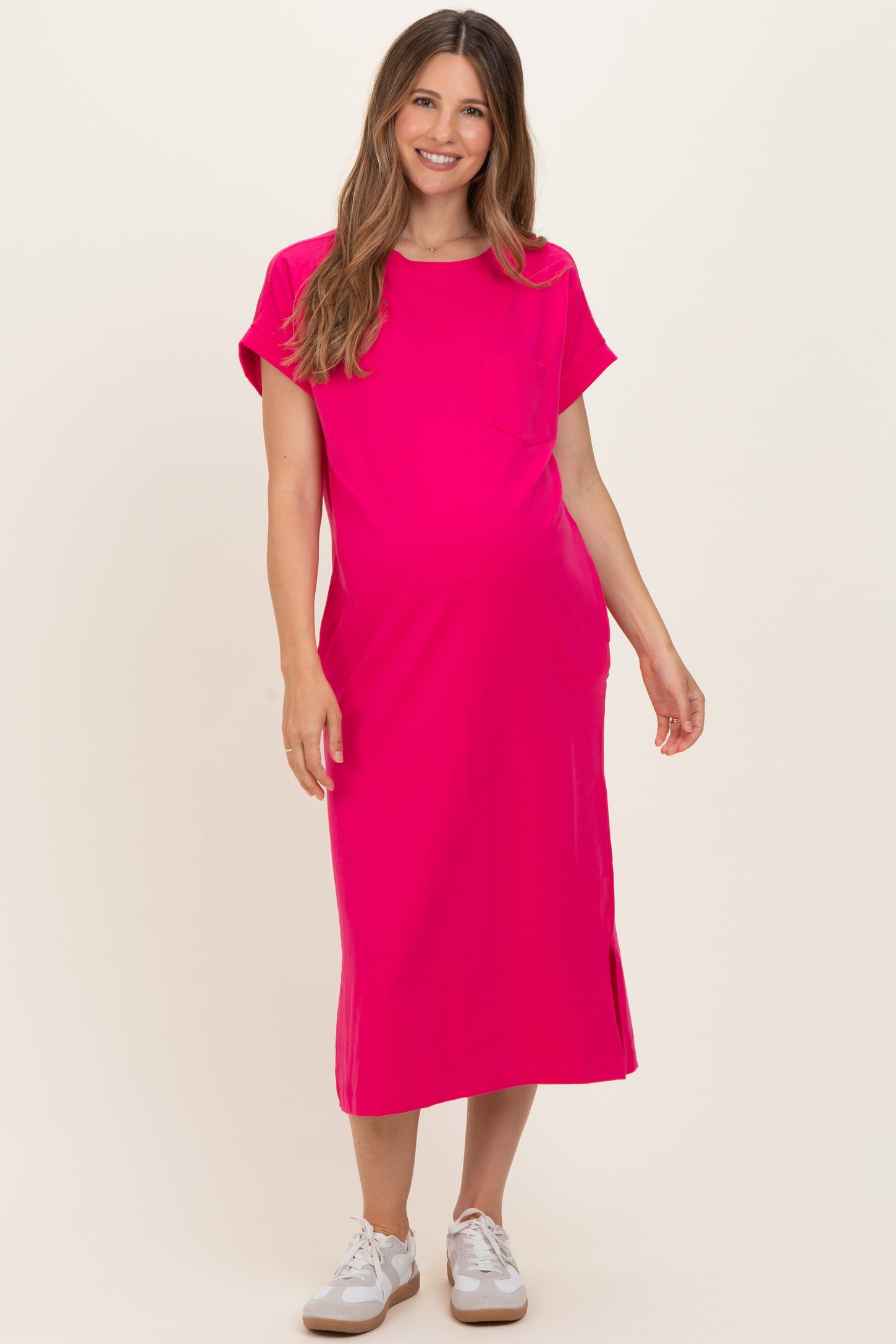 Fuchsia Pocket Front Maternity Midi T-Shirt Dress