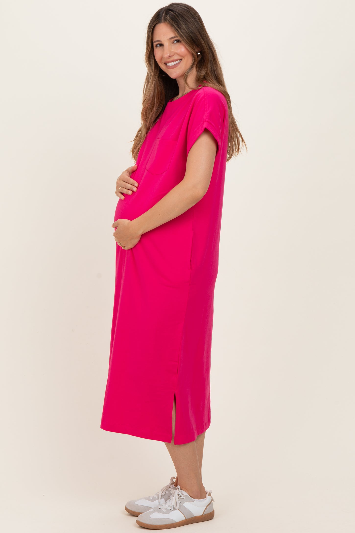Fuchsia Pocket Front Maternity Midi T-Shirt Dress