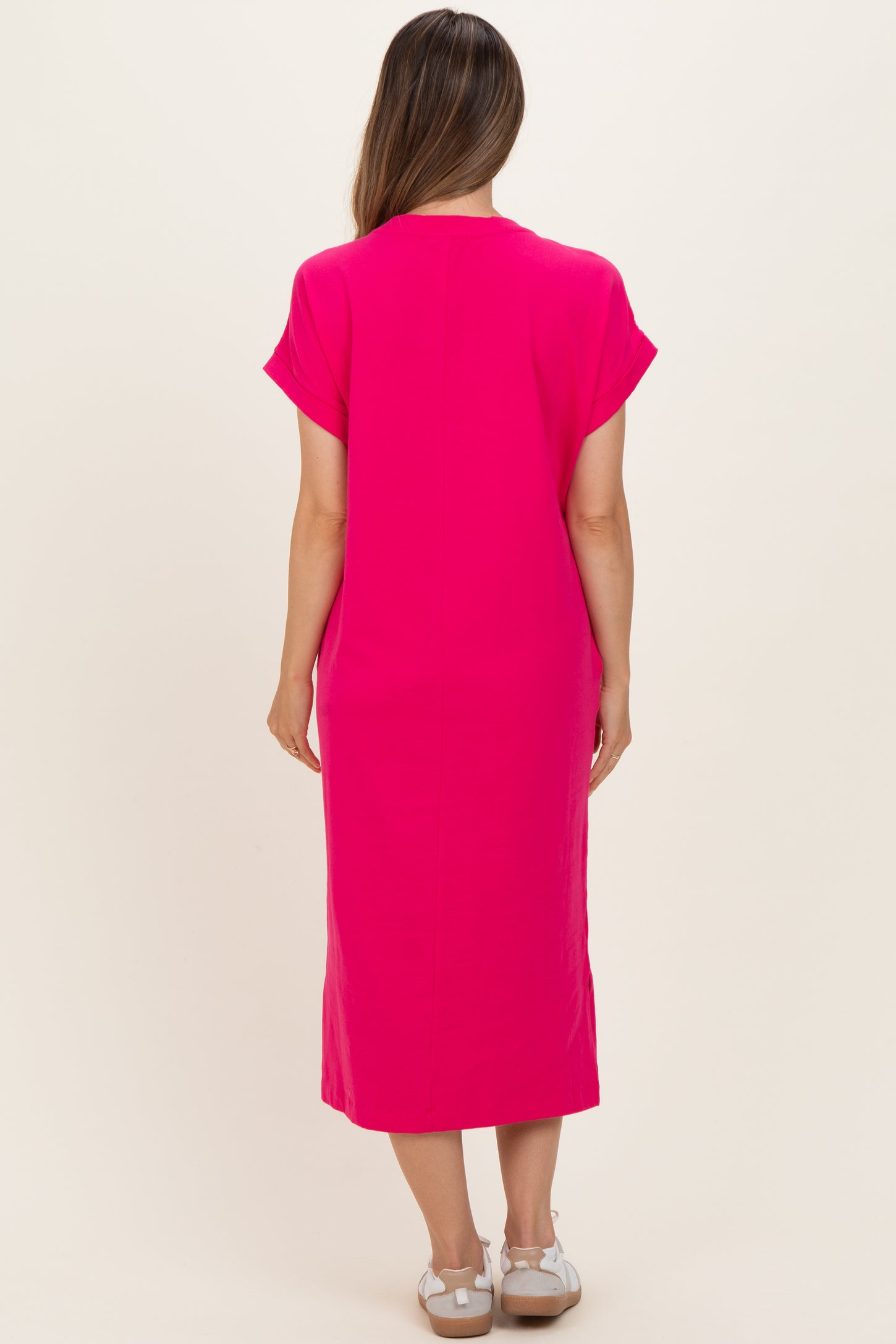 Fuchsia Pocket Front Maternity Midi T-Shirt Dress