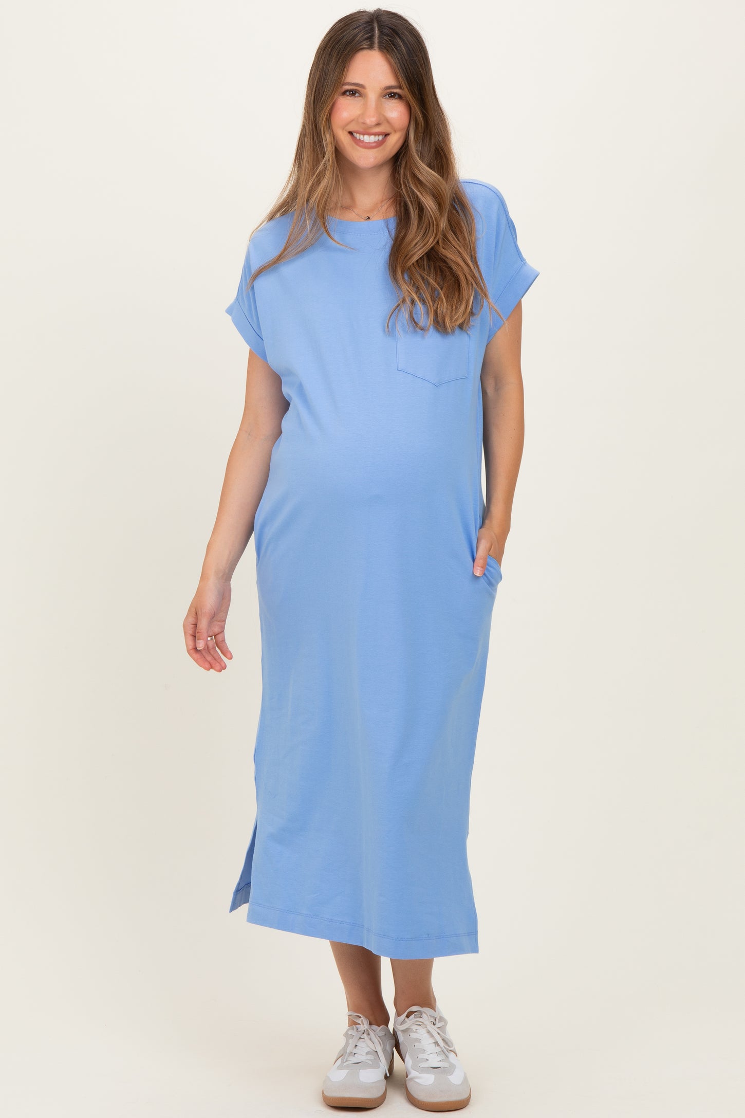 Cornflower Blue Pocket Front Maternity Midi T-Shirt Dress