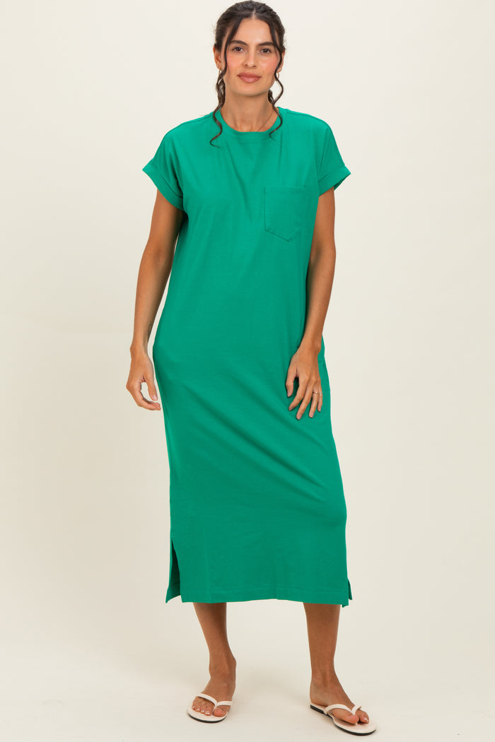 Kelly Green Pocket Front Maternity Midi T-Shirt Dress