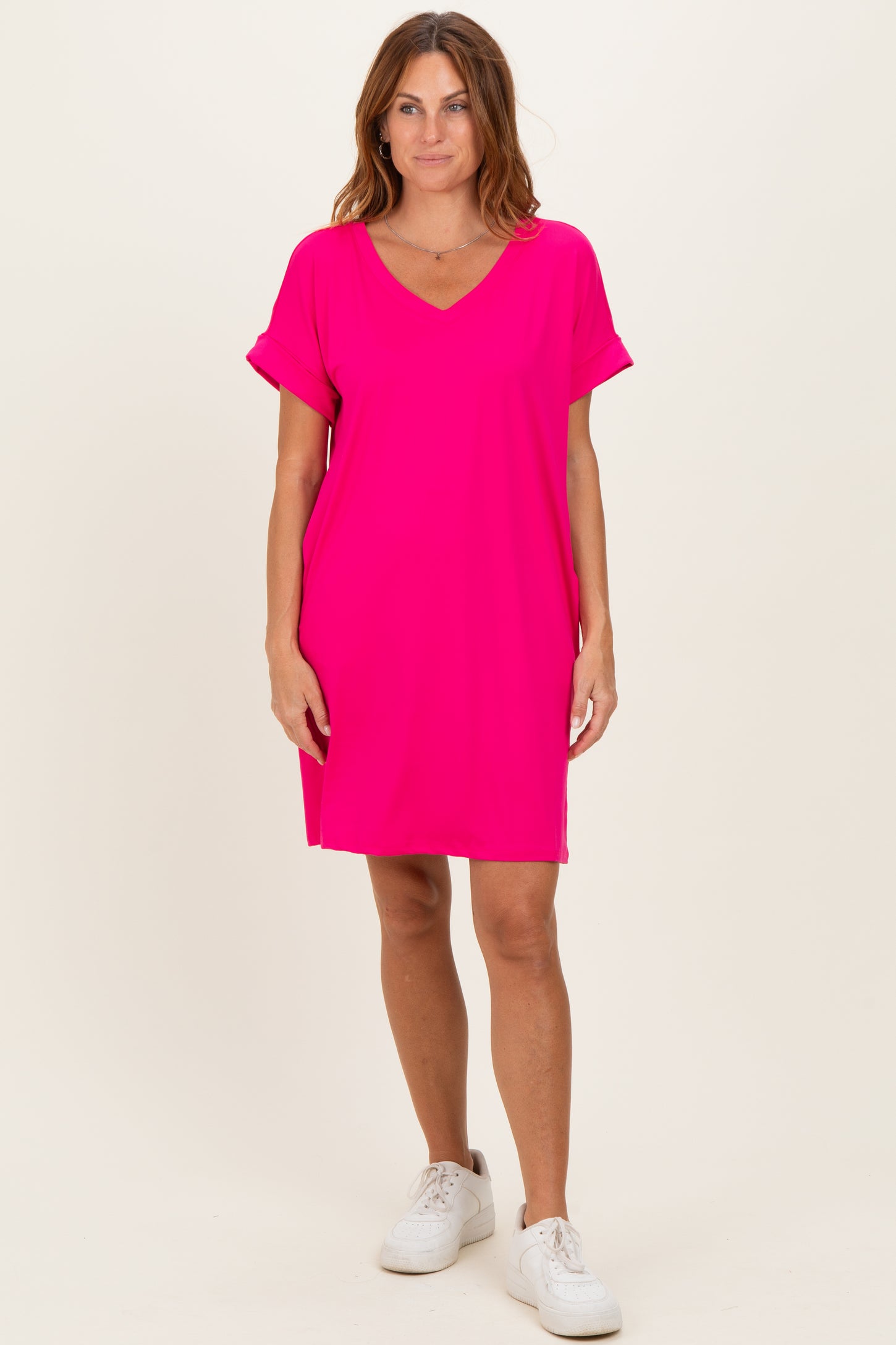 Hot Pink Brushed Rolled Short Sleeve V-Neck Maternity Dress