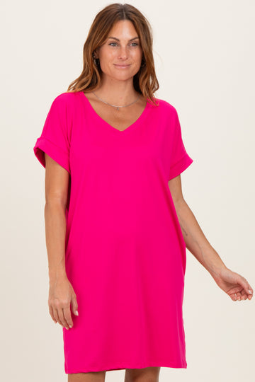 Hot Pink Brushed Rolled Short Sleeve V-Neck Dress