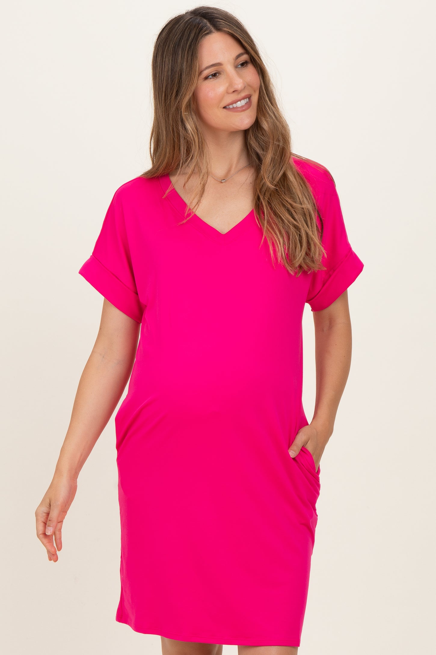 Hot Pink Brushed Rolled Short Sleeve V-Neck Maternity Dress