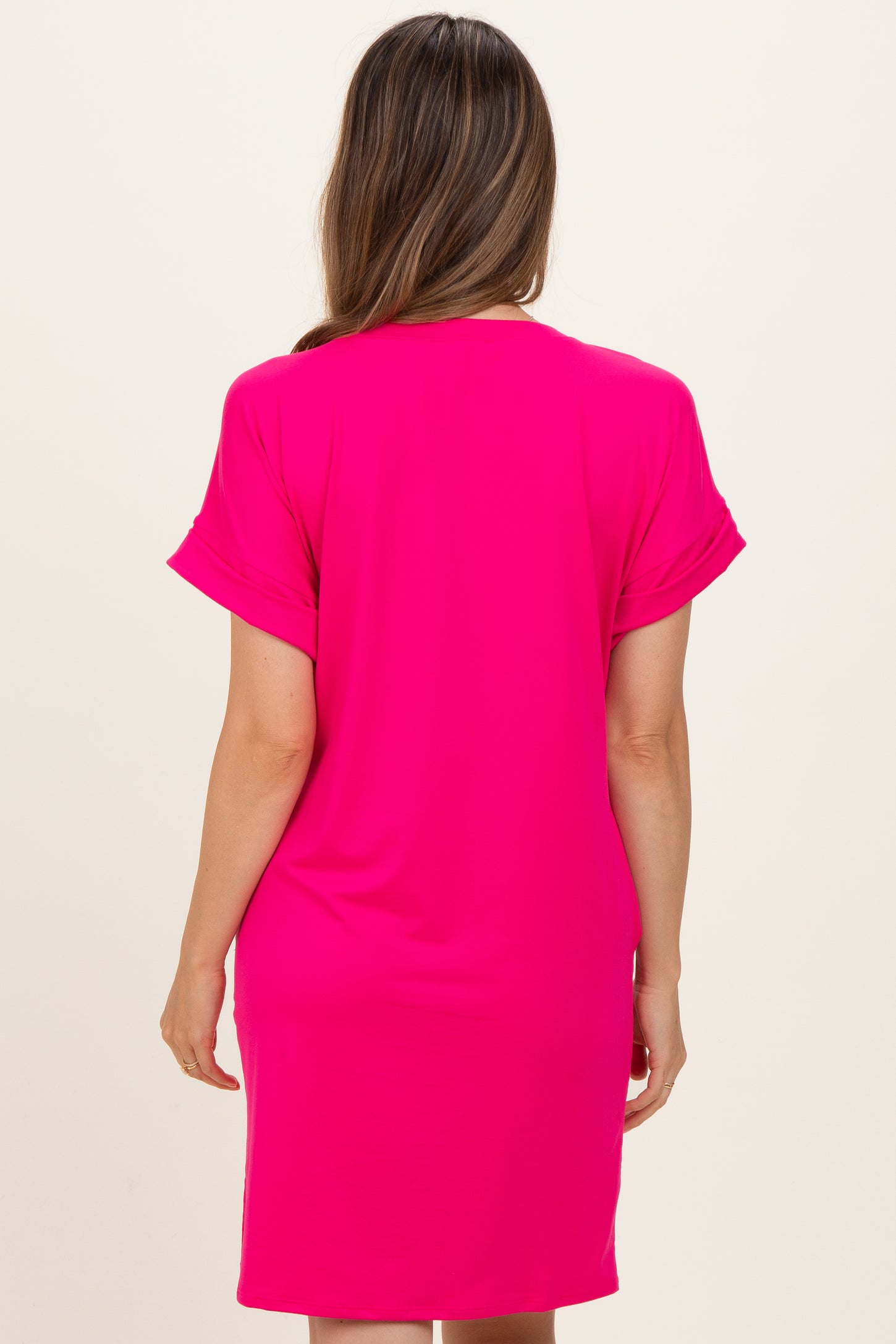 Hot Pink Brushed Rolled Short Sleeve V-Neck Maternity Dress