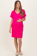 Hot Pink Brushed Rolled Short Sleeve V-Neck Maternity Dress