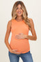 Peach Coral Ribbed High Neck Maternity Tank Top