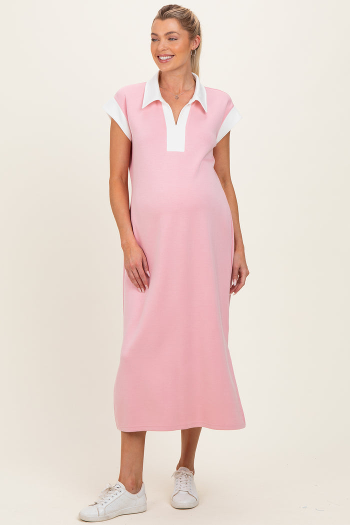 Pink Colorblock Polo Maternity Midi Dress
