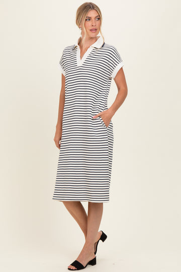 Navy Striped Polo Midi Dress
