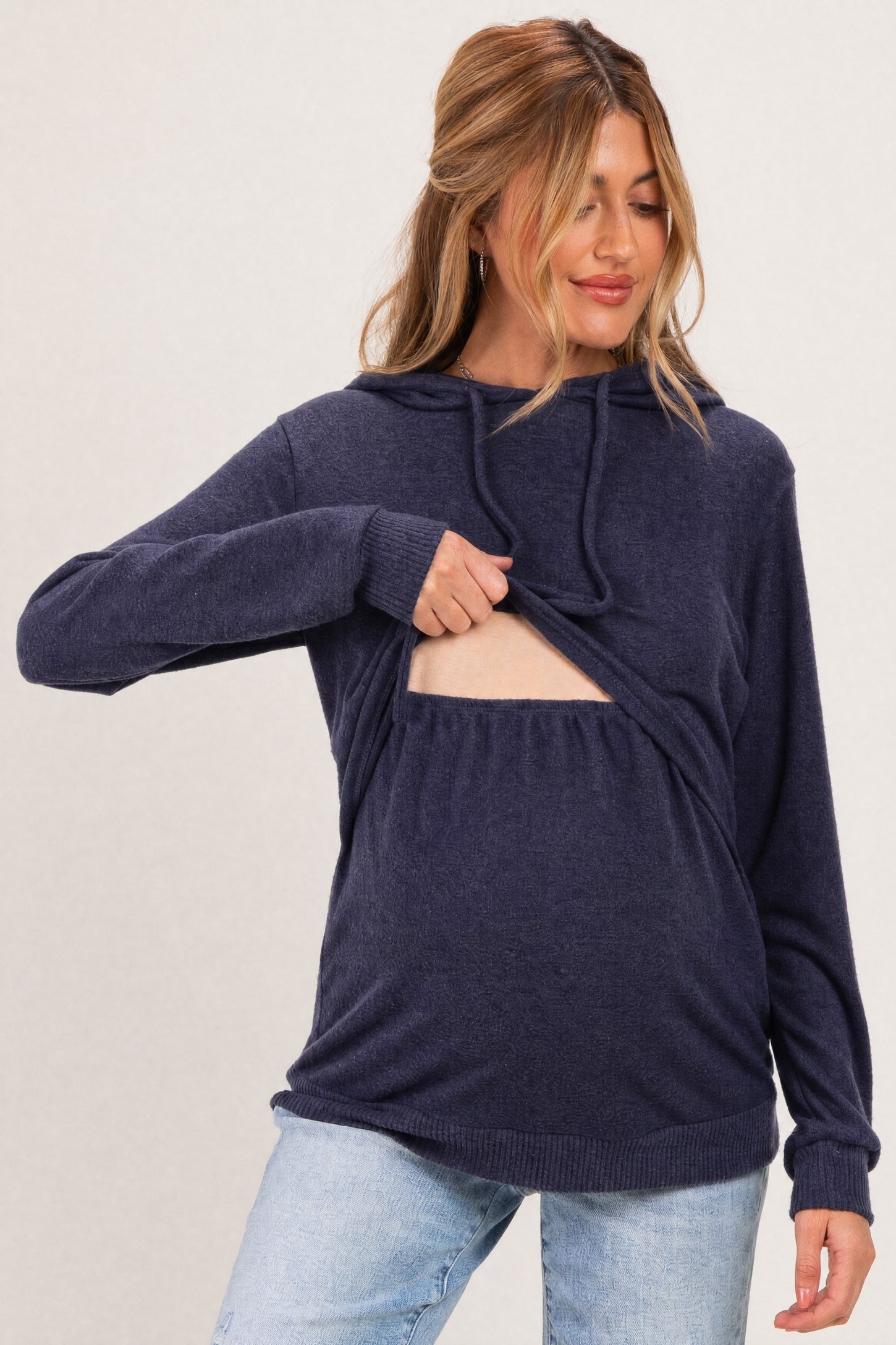 Navy Double Layer Long Sleeve Maternity Nursing Hoodie
