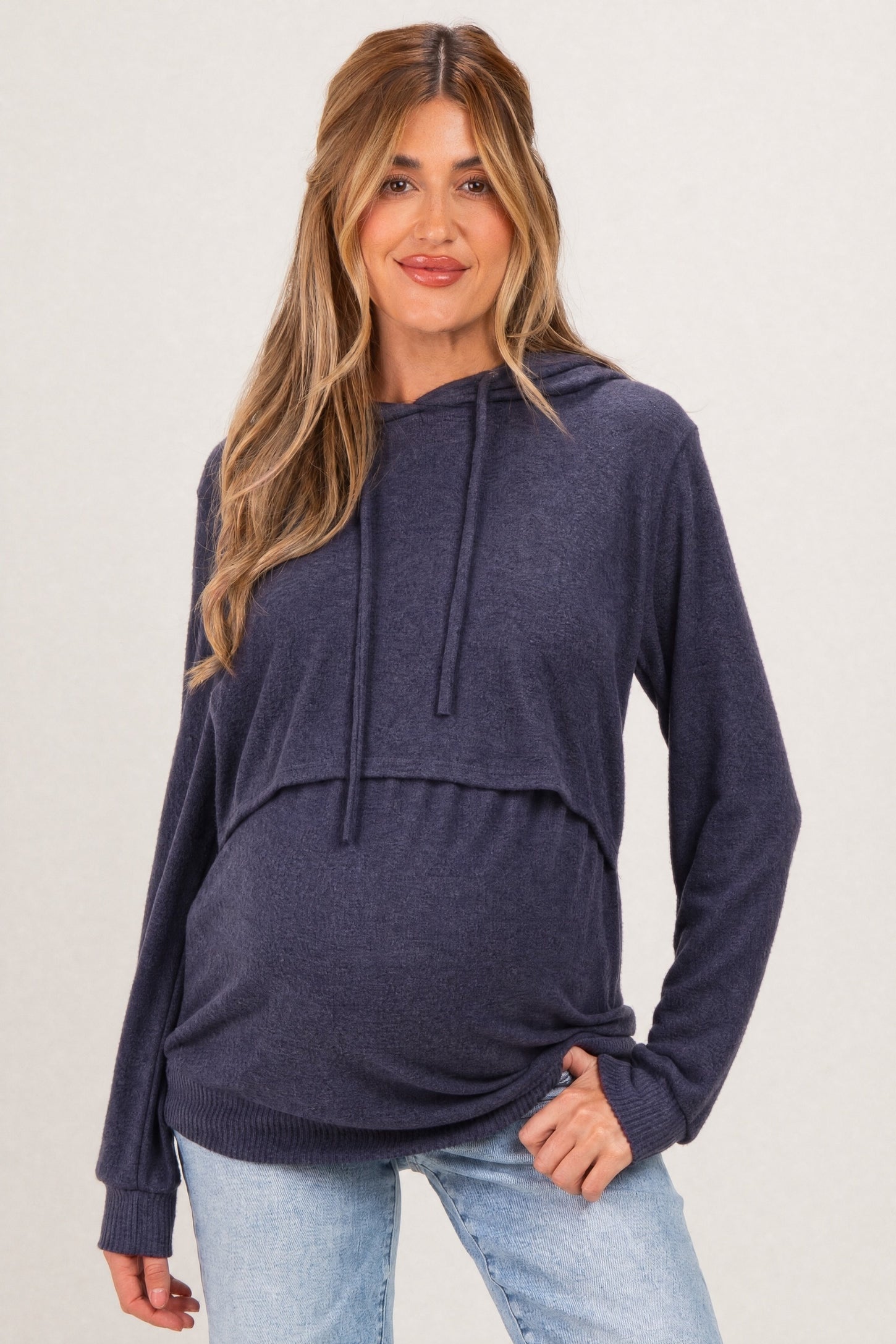 Navy Double Layer Long Sleeve Maternity Nursing Hoodie