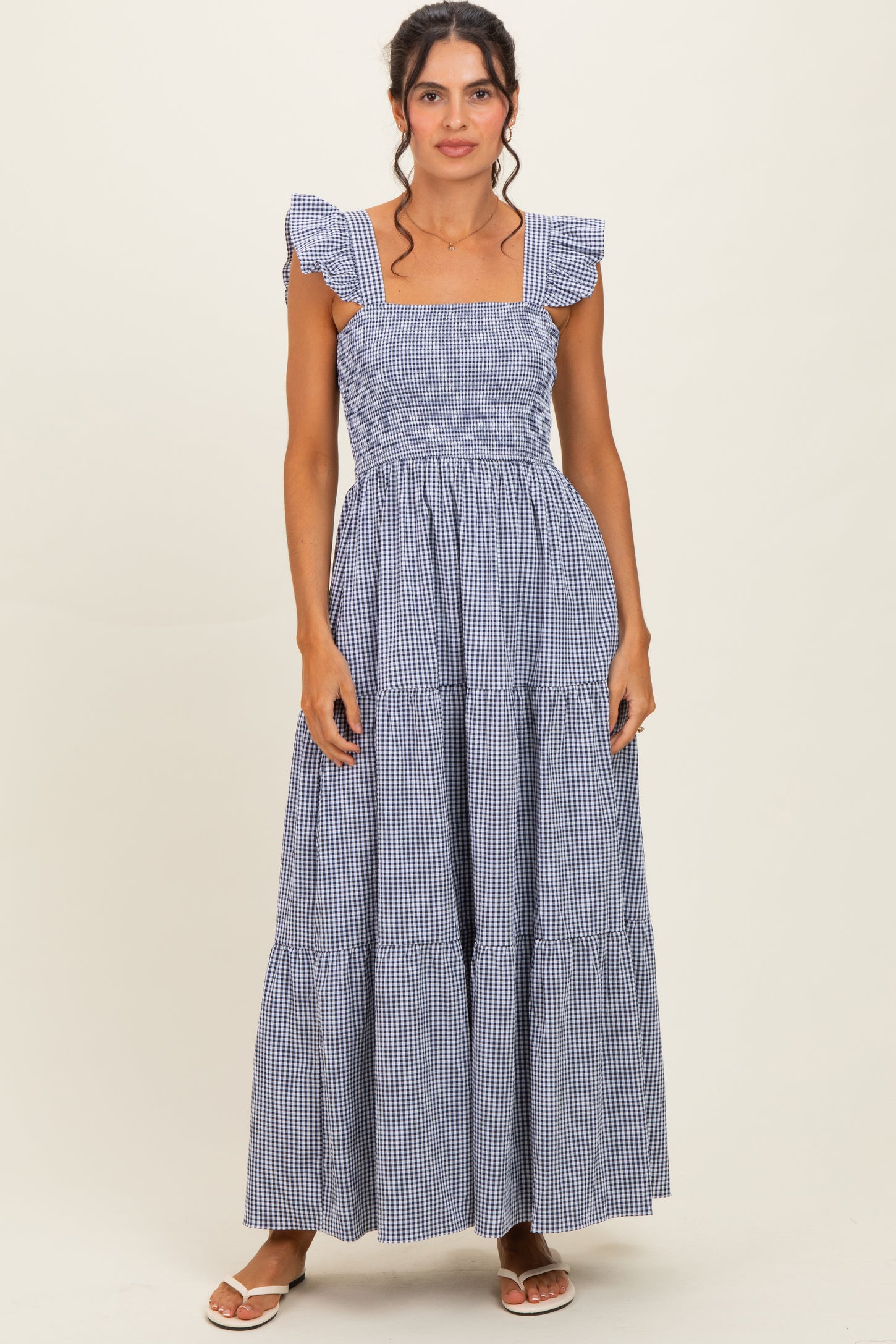 Navy Gingham Ruffle Strap Smocked Maternity Maxi Dress
