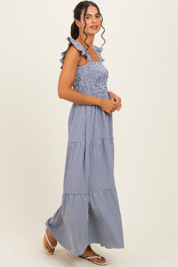Navy Gingham Ruffle Strap Smocked Maxi Dress