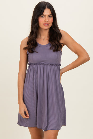 Lavender Ribbed Sleeveless Lettuce Trim Mini Dress