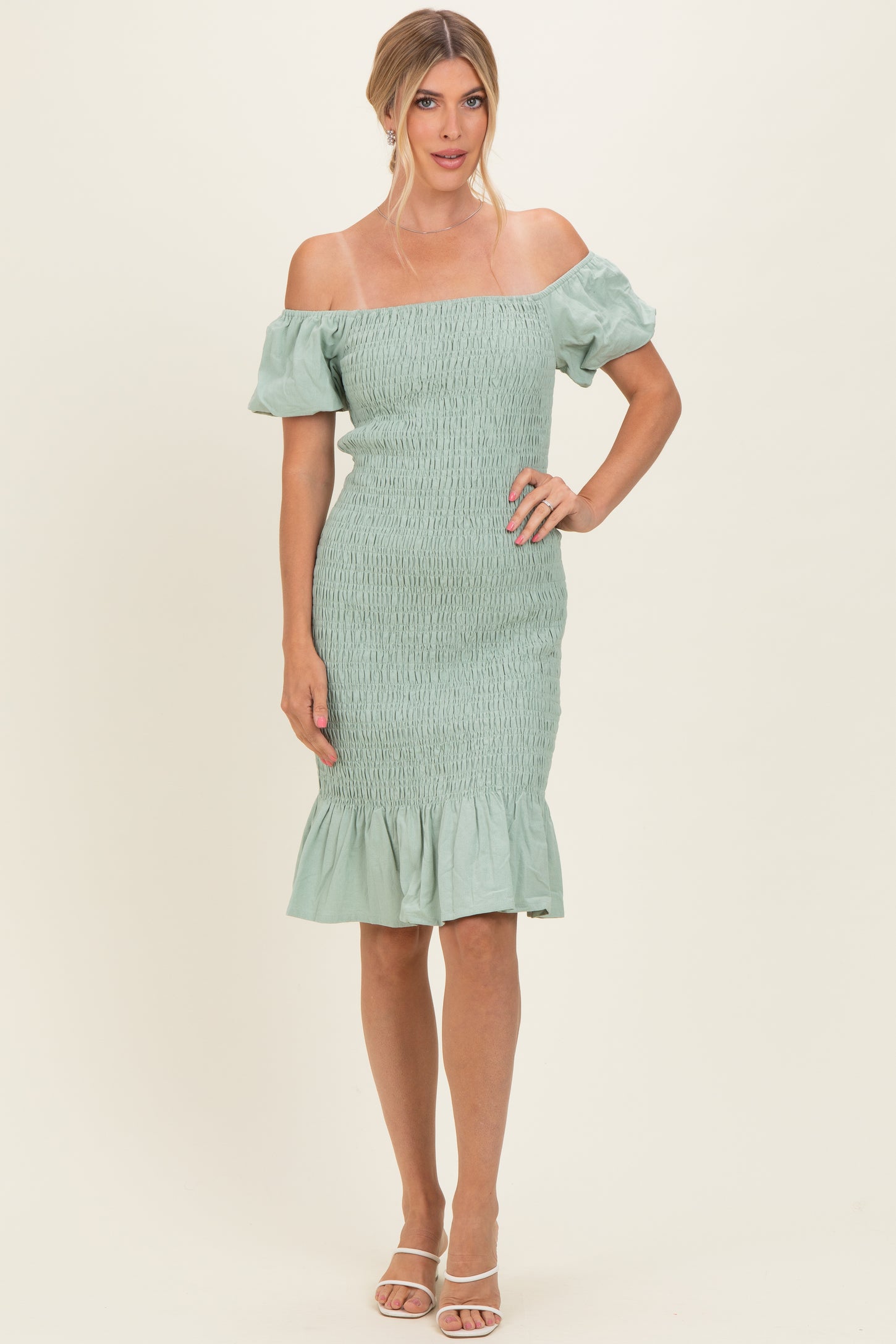 Sage Smocked Off Shoulder Ruffle Hem Maternity Dress