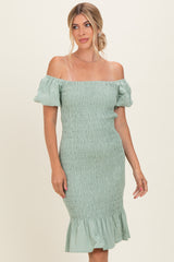 Sage Smocked Off Shoulder Ruffle Hem Dress